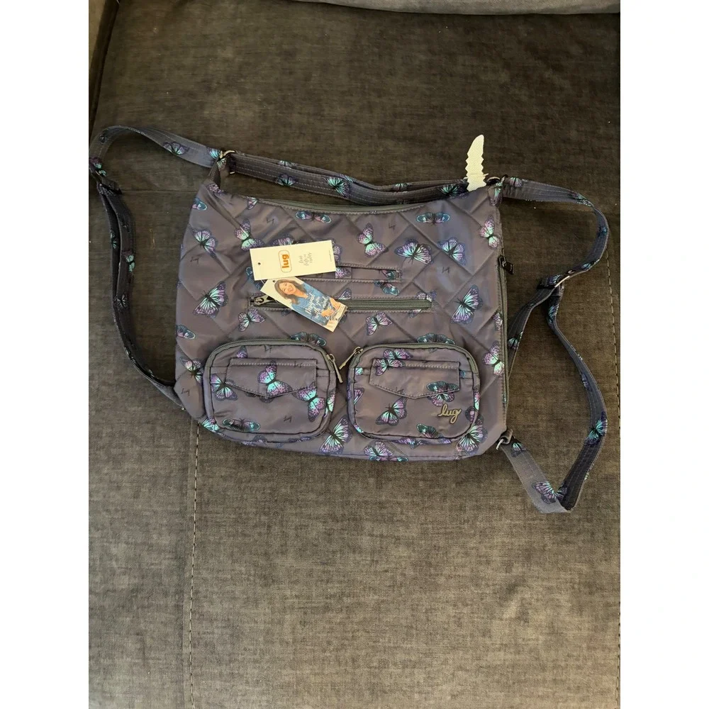 Lug Zipliner Convertible Hobo Backpack Butterfly Gray Purple Quilted Bag New